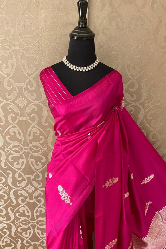 Rani Pink Poona Silk Saree Golden Zari Woven Buttas,With Blouse