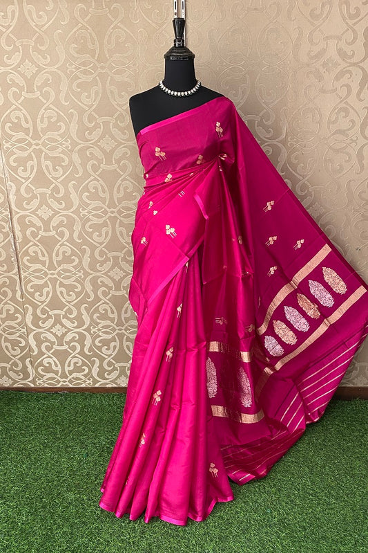Rani Pink Poona Silk Saree Golden Zari Woven Buttas,With Blouse