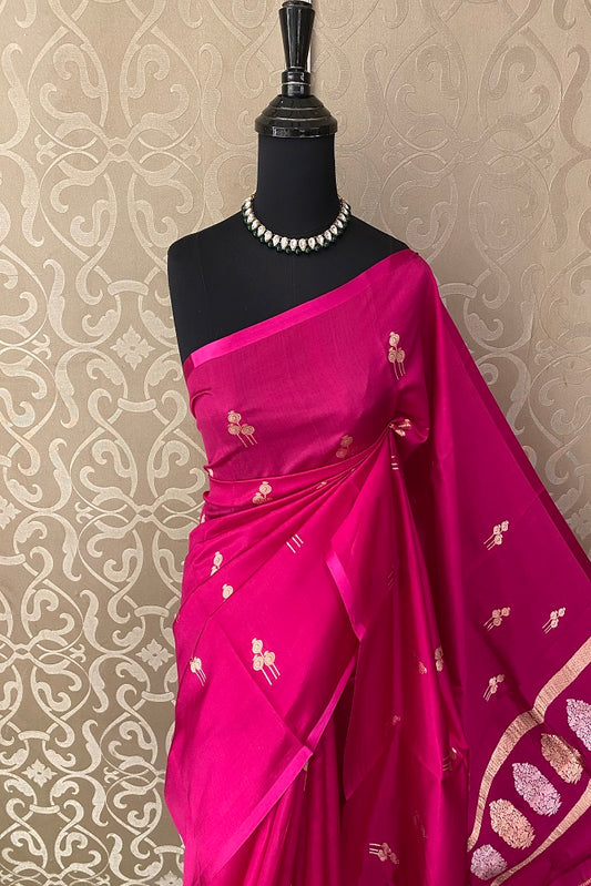 Rani Pink Poona Silk Saree Golden Zari Woven Buttas,With Blouse