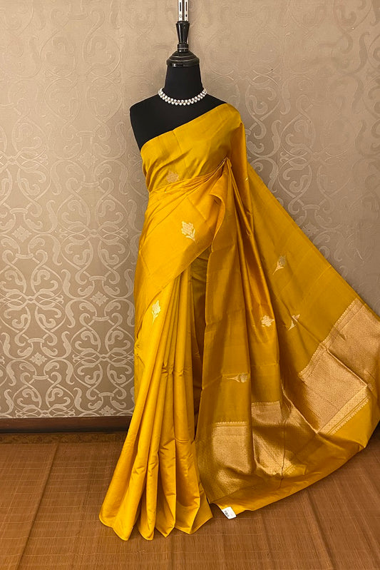 Yellow Poona Silk Saree Golden Zari Woven Buttas,With Blouse