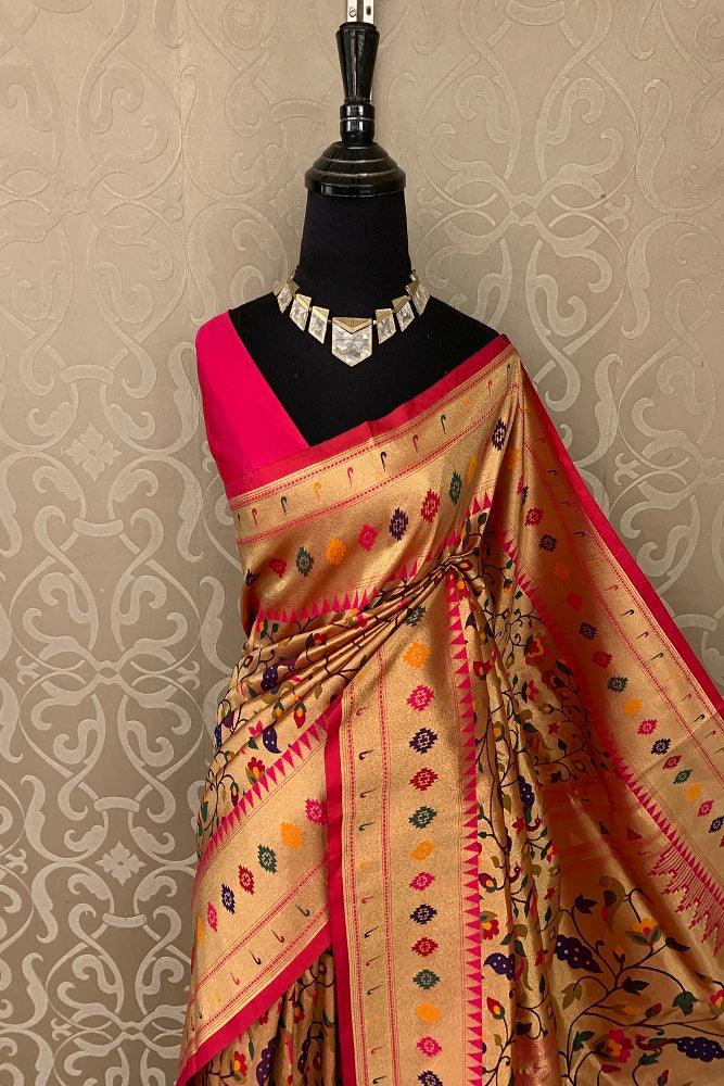 GOLD PAITHANI SILK SAREE MULTI COLOUR WEAVING