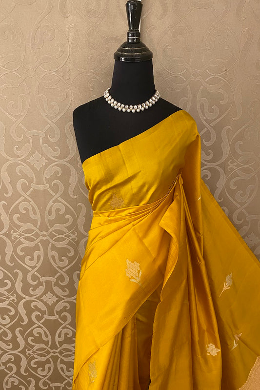 Yellow Poona Silk Saree Golden Zari Woven Buttas,With Blouse