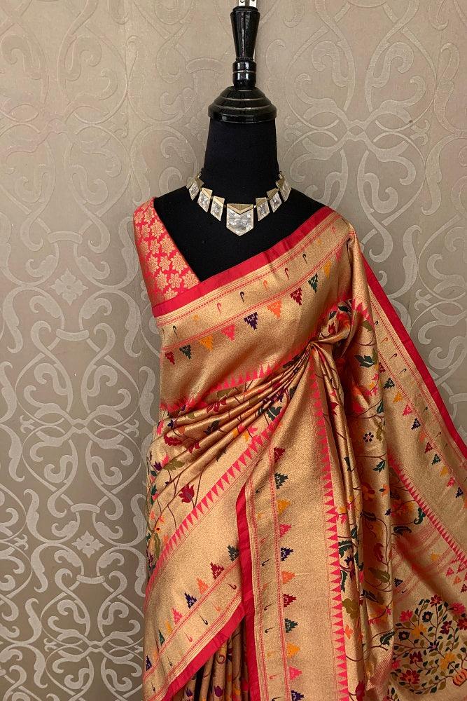 GOLD PAITHANI SILK SAREE MULTI COLOUR WEAVING