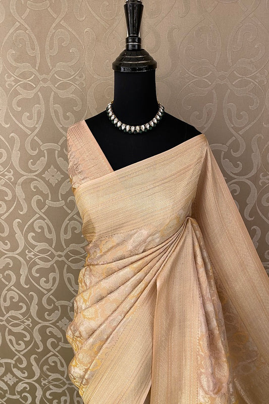 Light Peach Brocket Crepe Silk, Party Wear Saree With Blouse Piece