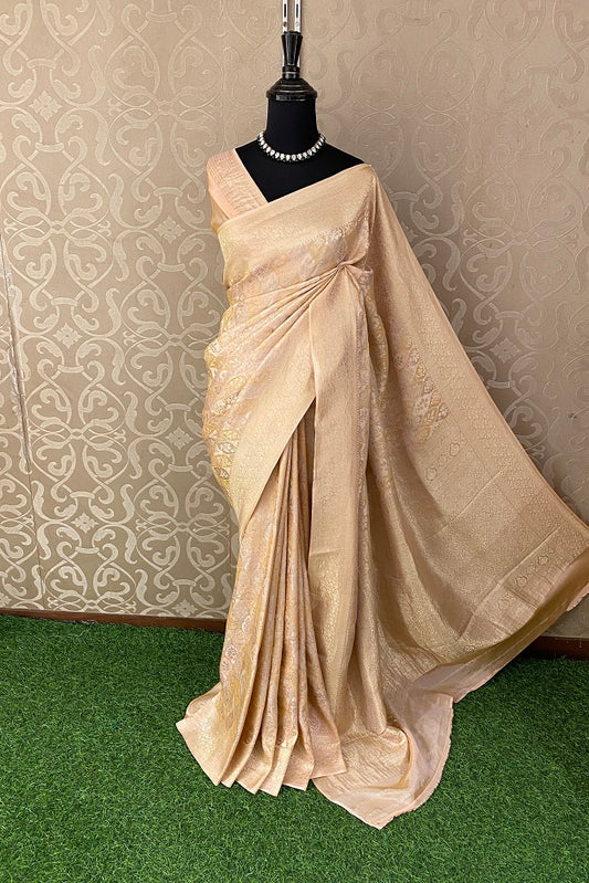 Light Peach Brocket Crepe Silk, Party Wear Saree With Blouse Piece