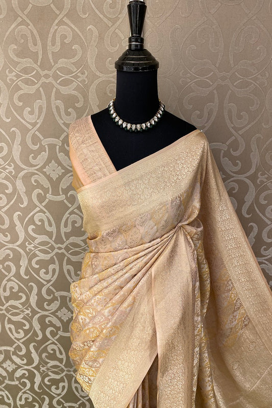 Light Peach Brocket Crepe Silk, Party Wear Saree With Blouse Piece