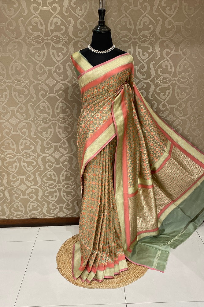 Pista Green Banarasi Silk Saree, Patola Concept, With Blouse