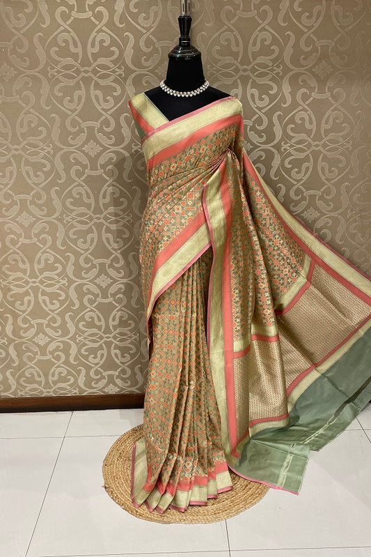 Pista Green Banarasi Silk Saree, Patola Concept, With Blouse