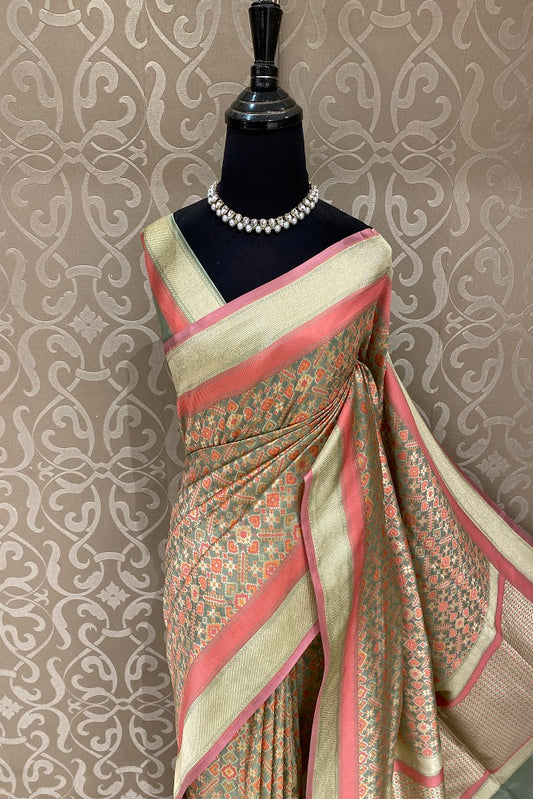 Pista Green Banarasi Silk Saree, Patola Concept, With Blouse