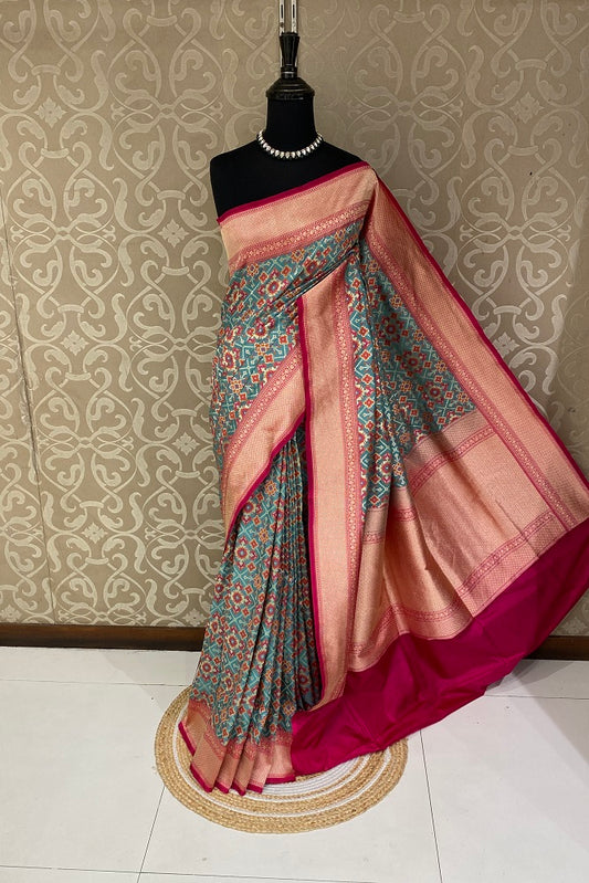 Blue & Multi Banarasi Silk Saree, Patola Concept, With Blouse