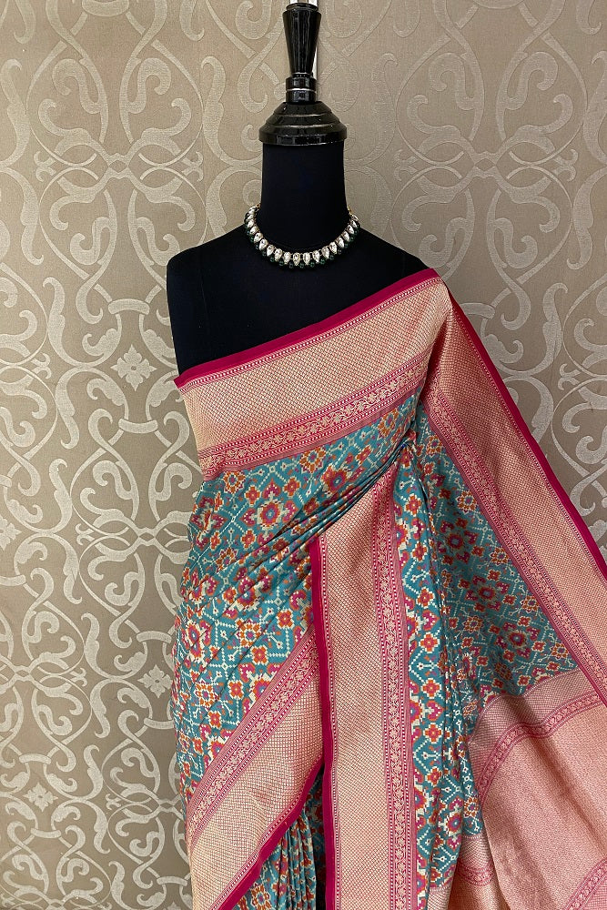 Blue & Multi Banarasi Silk Saree, Patola Concept, With Blouse