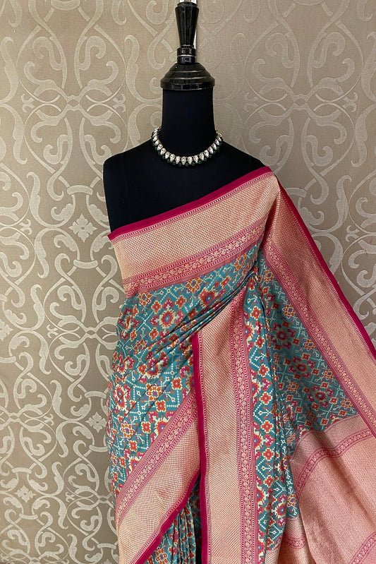 Blue & Multi Banarasi Silk Saree, Patola Concept, With Blouse