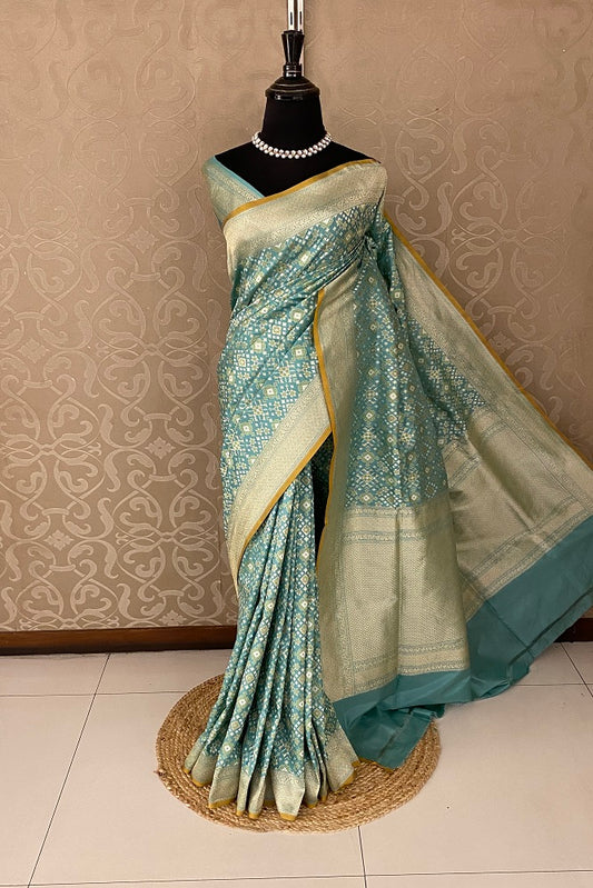 aqua Blue Banarasi Silk Saree, Patola Concept, With Blouse