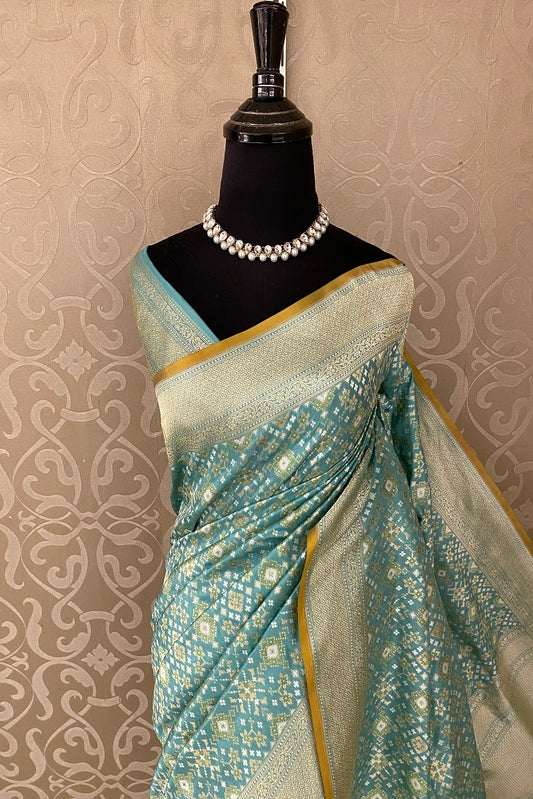 aqua Blue Banarasi Silk Saree, Patola Concept, With Blouse