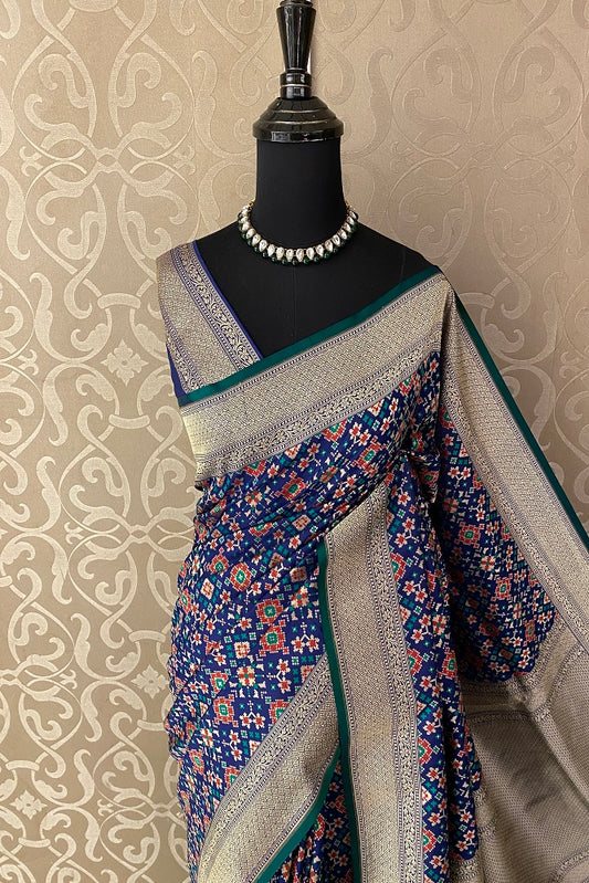 Deep Blue Banarasi Silk Saree, Patola Concept, With Blouse