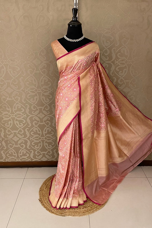 peach Banarasi Silk Saree, Patola Concept, With Blouse
