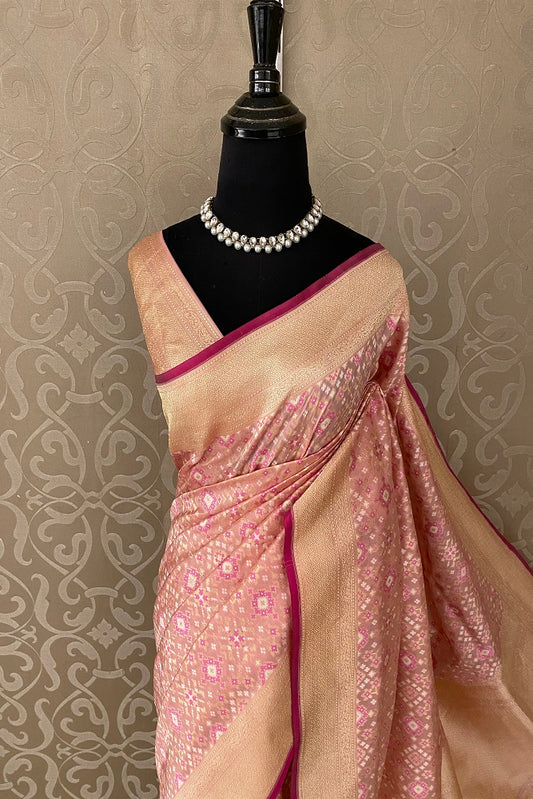 peach Banarasi Silk Saree, Patola Concept, With Blouse