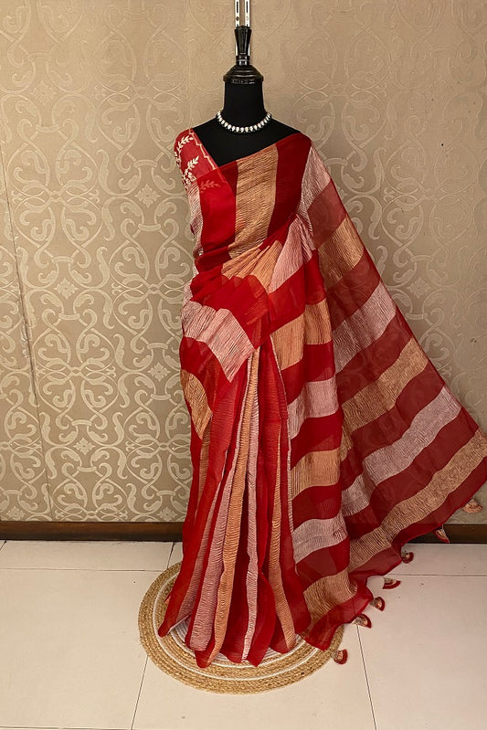 Red Kora Banarasi Silk Saree, With Embroidery Blouse