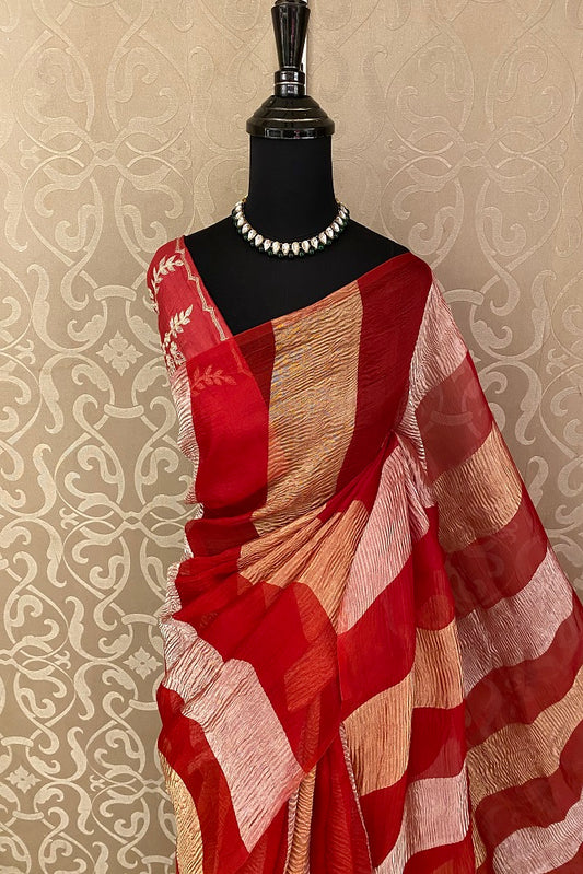 Red Kora Banarasi Silk Saree, With Embroidery Blouse