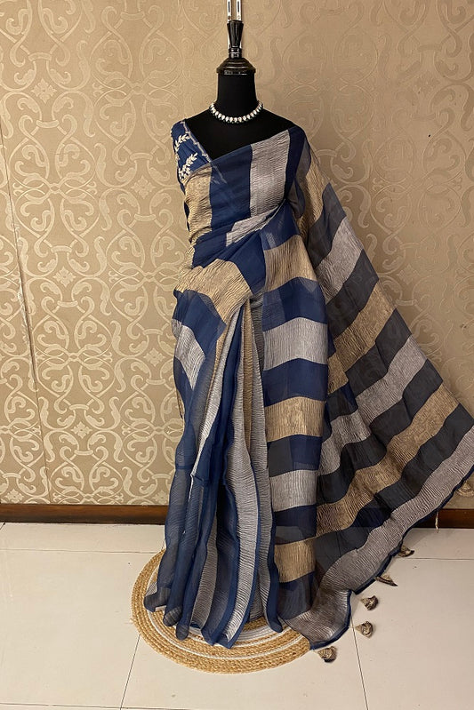 Blue Kora Banarasi Silk Saree, With Embroidery Blouse
