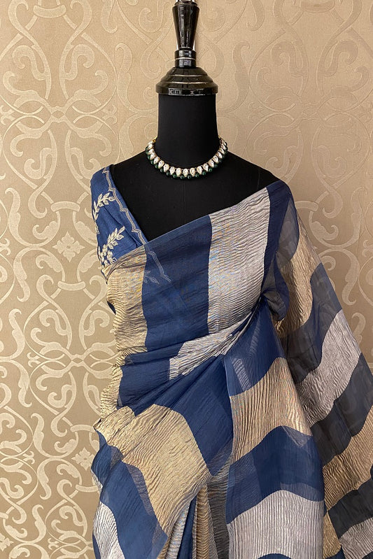 Blue Kora Banarasi Silk Saree, With Embroidery Blouse