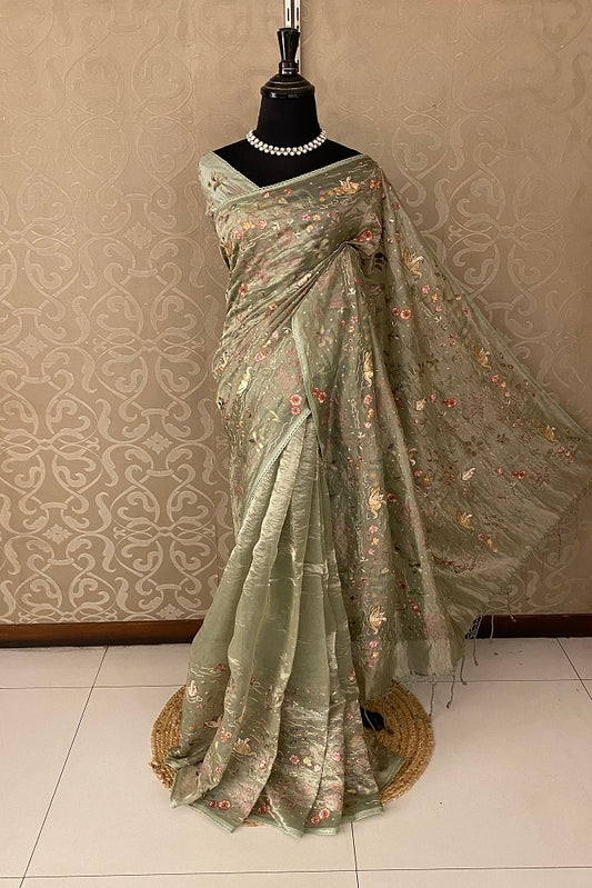Olive Green Tissue Embroidery Saree, With Blouse