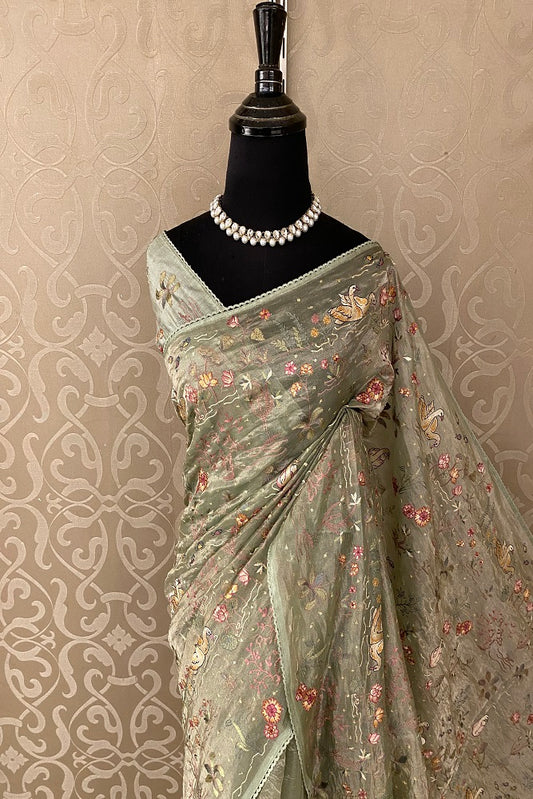 Olive Green Tissue Embroidery Saree, With Blouse