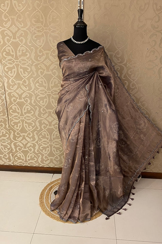 Entique Tissue Embroidery Saree, With Blouse
