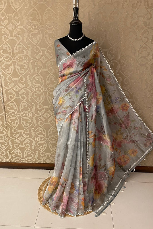 Grey Tissue Printed Saree Embroidery Work, With Blouse
