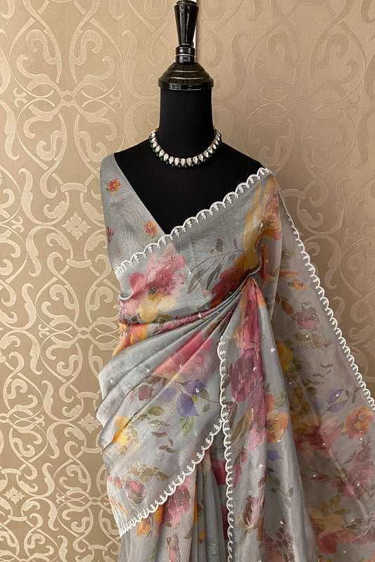 Grey Tissue Printed Saree Embroidery Work, With Blouse