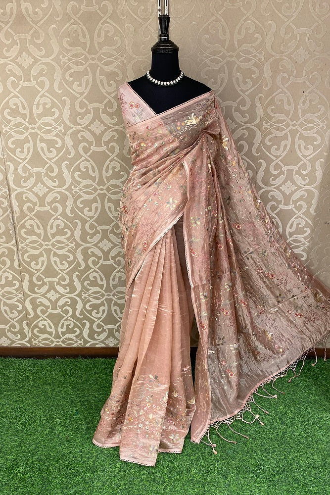 Peach Tissue Embroidery Saree, With Blouse