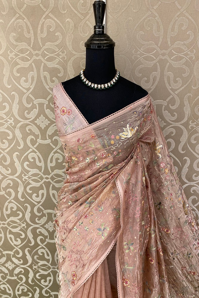 Peach Tissue Embroidery Saree, With Blouse