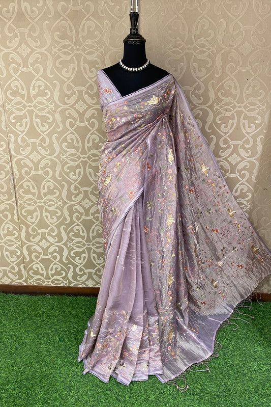 Lavender Tissue Embroidery Saree, With Blouse