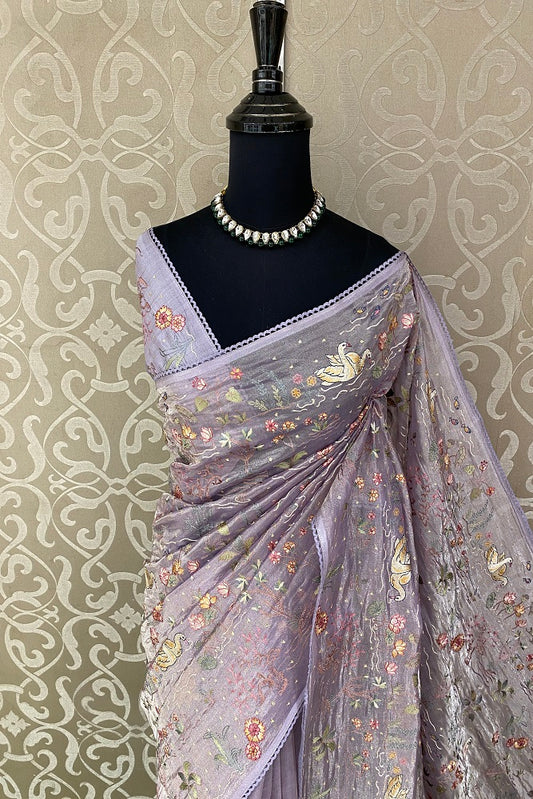 Lavender Tissue Embroidery Saree, With Blouse