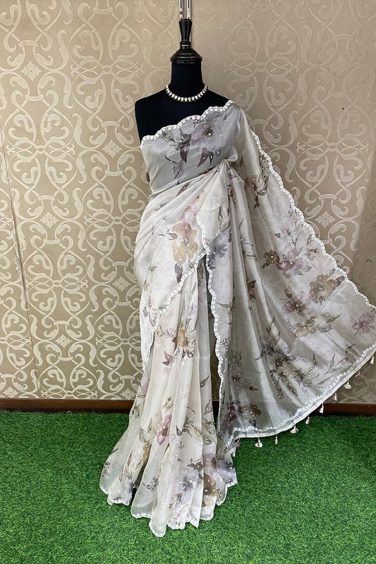 White Tissue Printed Saree Embroidery Work, With Blouse