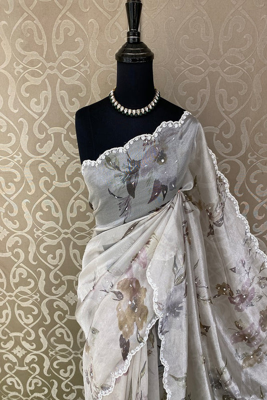 White Tissue Printed Saree Embroidery Work, With Blouse
