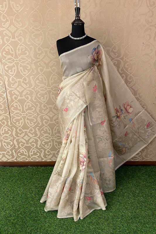 Offwhite Organza Silk Applique Party Wear Saree,With Blouse Piece