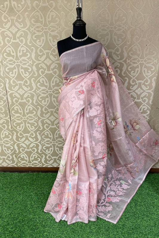 Pink Organza Silk Applique Party Wear Saree,With Blouse Piece