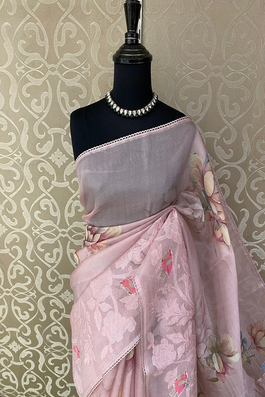 Pink Organza Silk Applique Party Wear Saree,With Blouse Piece