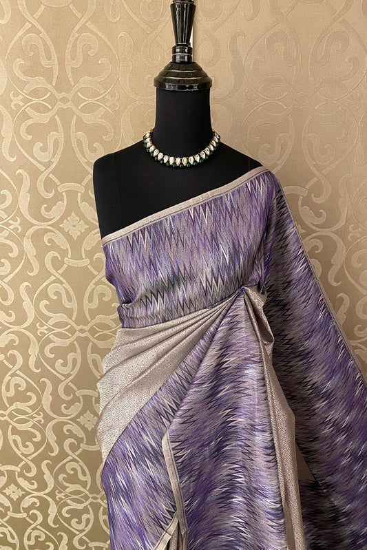 Lavender Pure Banarasi Silk Jamewar Work Saree, With Blouse