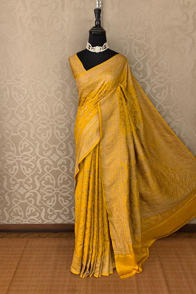 Yellow Banarasi Crepe Khaddi Saree With Heavy Blouse