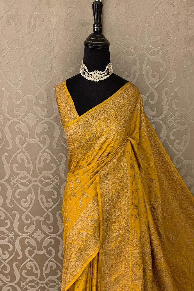 Yellow Banarasi Crepe Khaddi Saree With Heavy Blouse