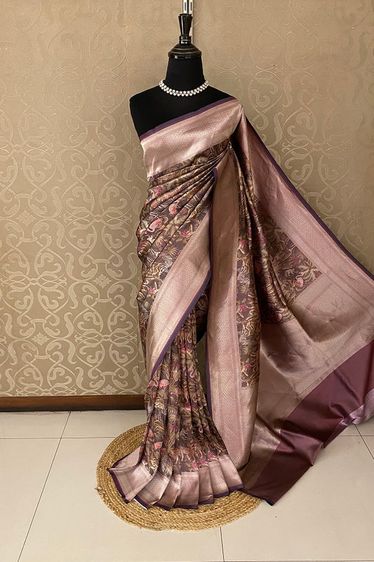 Purple Pure Banarasi Silk Jamewar Work Saree, With Blouse