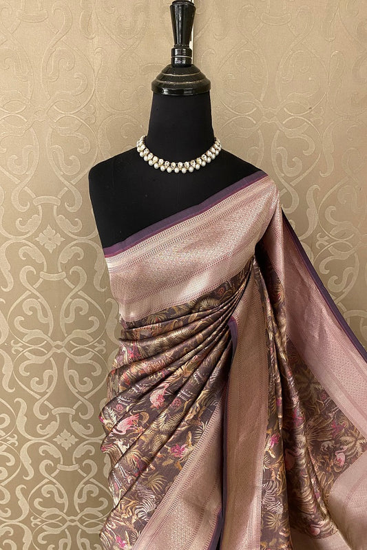 Purple Pure Banarasi Silk Jamewar Work Saree, With Blouse