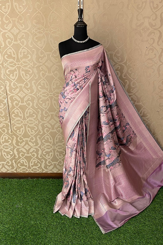 Mauve Pure Banarasi Silk Jamewar Work Saree, With Blouse