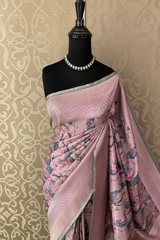 Mauve Pure Banarasi Silk Jamewar Work Saree, With Blouse