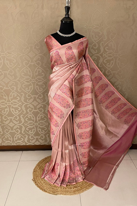 Peach Pure Banarasi Silk Jamewar Work Saree, With Blouse