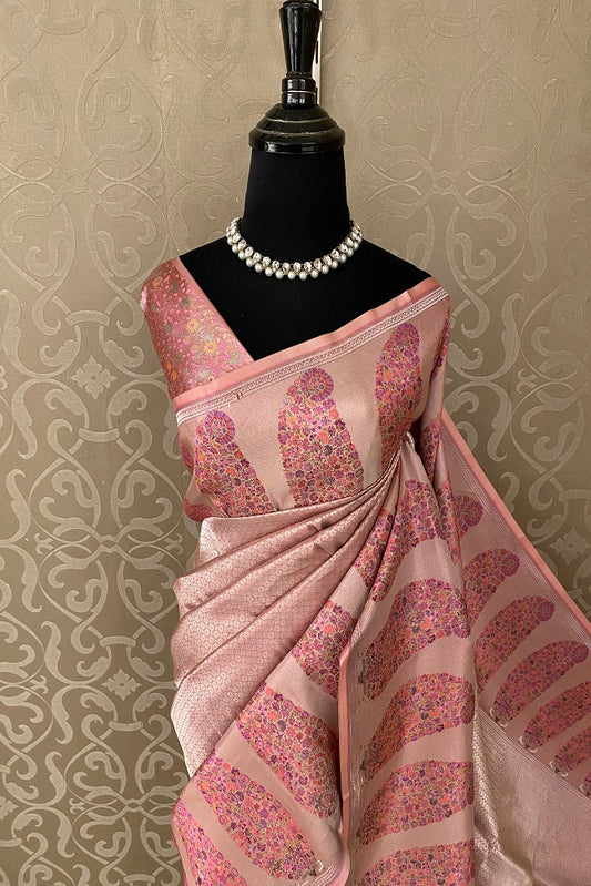 Peach Pure Banarasi Silk Jamewar Work Saree, With Blouse