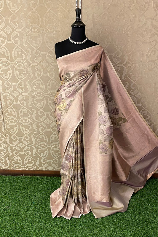 Lavender Green Pure Banarasi Silk Jamewar Work Saree, With Blouse