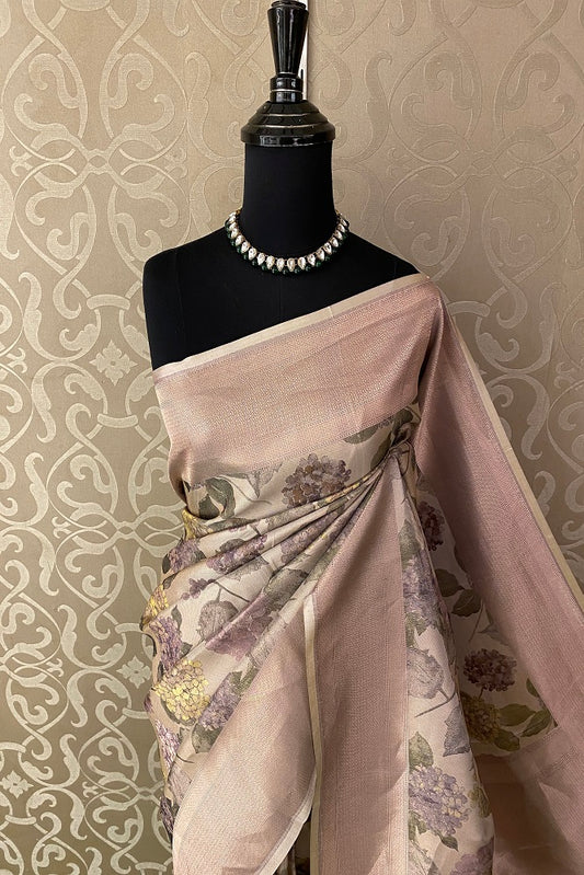 Lavender Green Pure Banarasi Silk Jamewar Work Saree, With Blouse